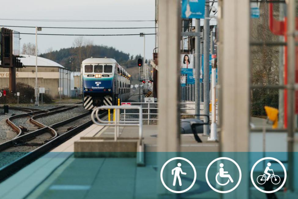 Sounder train arriving at station with amenity icons over the image.