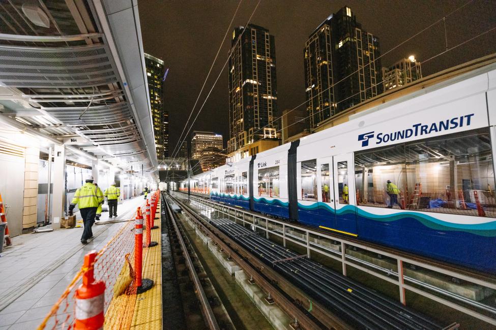 A link light rail train stops at the Bellevue Downtown Station platform as part of the clearance testing now underway.