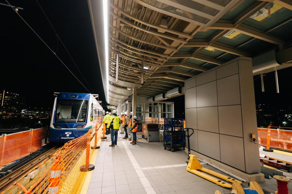 A train approaches the platform at the Bellevue Downtown Station during a recent overnight clearance test. 