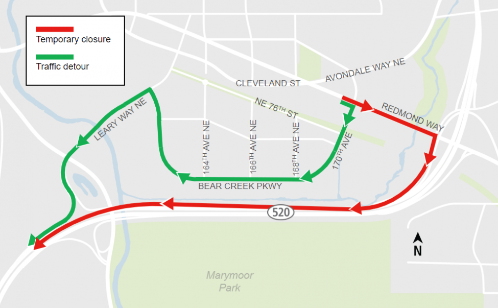 Map 1: Detour to west bound SR 520 from eastbound Redmond Way.