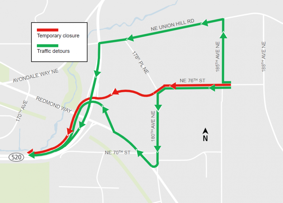 Map 2: Detour to westbound SR 520 from westbound Northeast 76th Street or Northeast Union Hill Road.