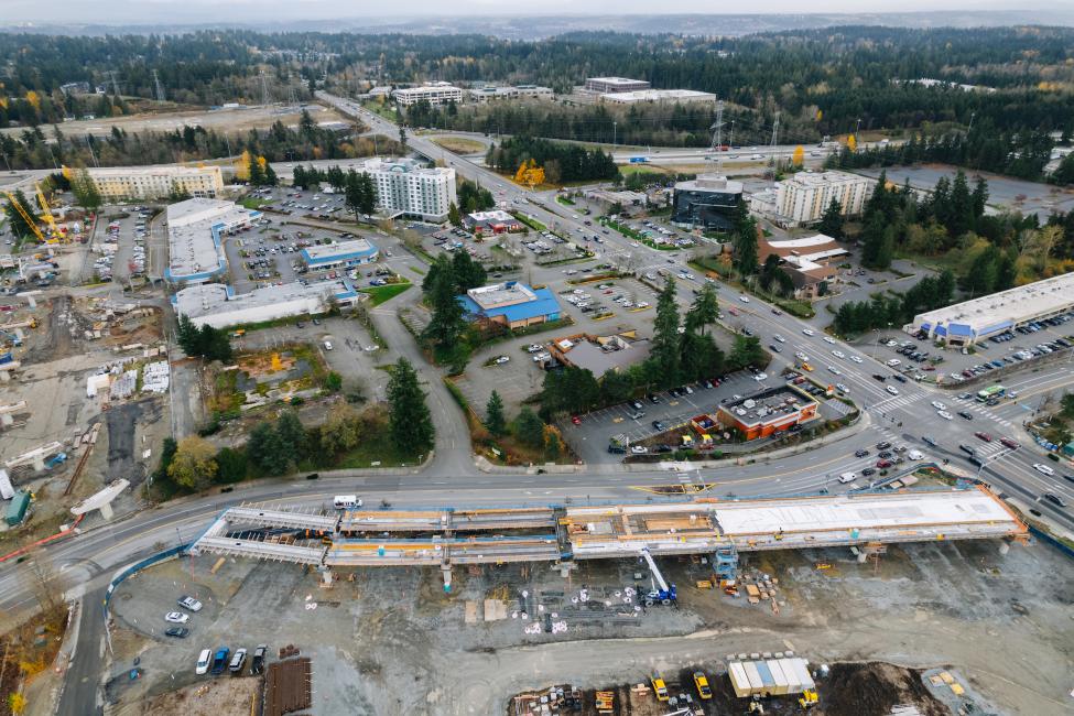 An aerial view of construction at the Federal Way Transit Center.