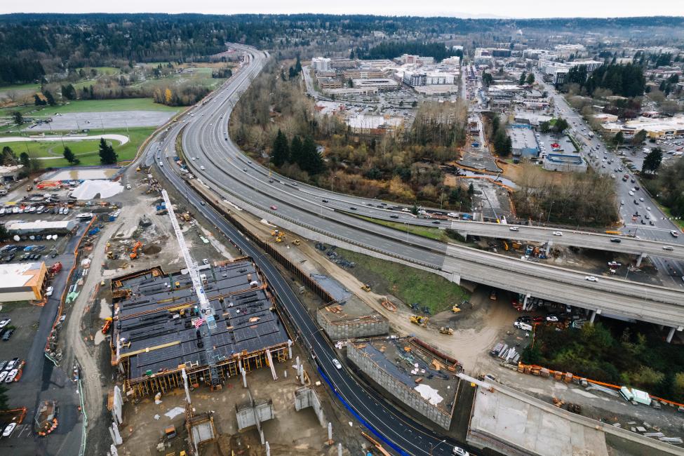 An aerial shot of light rail construction in Redmond, with Marymoor Park visible.
