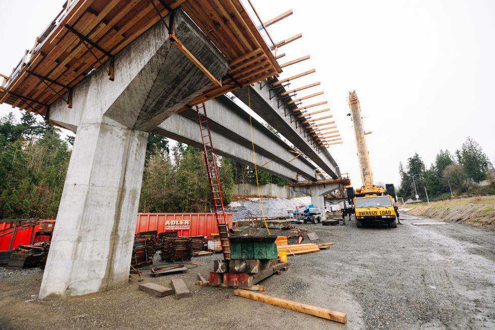 Looking up at a column and guideway for future Link light rail line to Redmond.