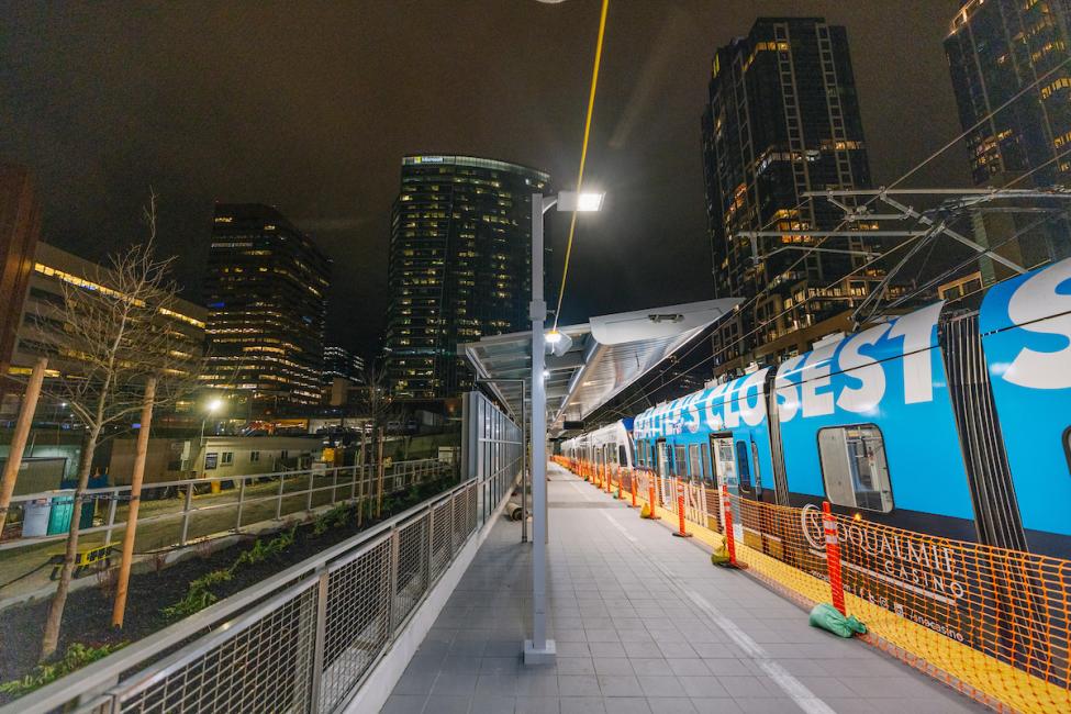 A Link light rail train pulls into the Bellevue Downtown Station under its own power during recent overnight testing. 