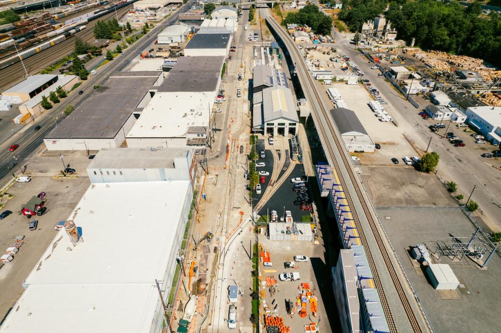 Aerial view of the Tacoma Link Operations and Maintenance Base from summer of 2021. 