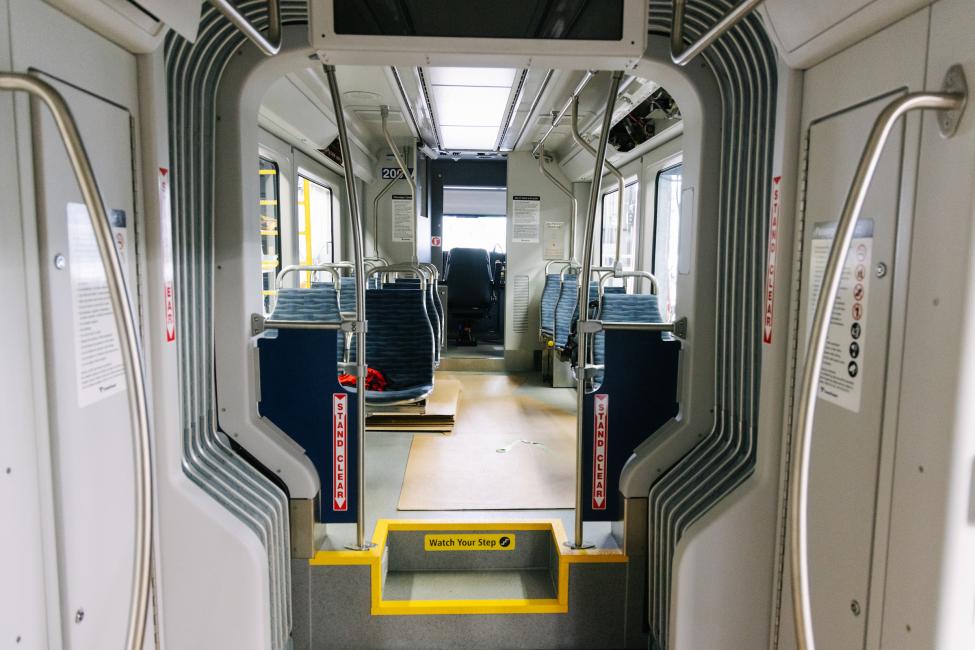 The inside of the new light rail vehicles for Tacoma Link.