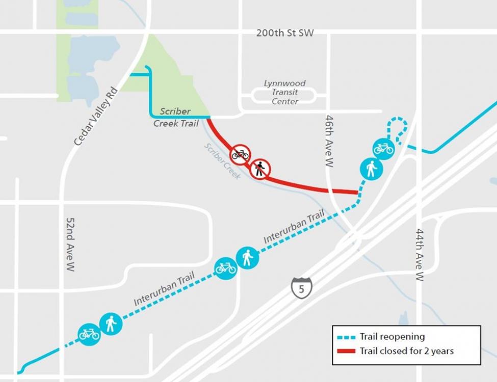 A map of the portion of the Interurban Trail that is reopening.
