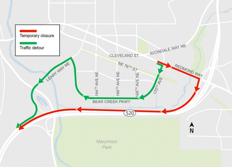 Detour route to westbound State Route 520 from Redmond Way.