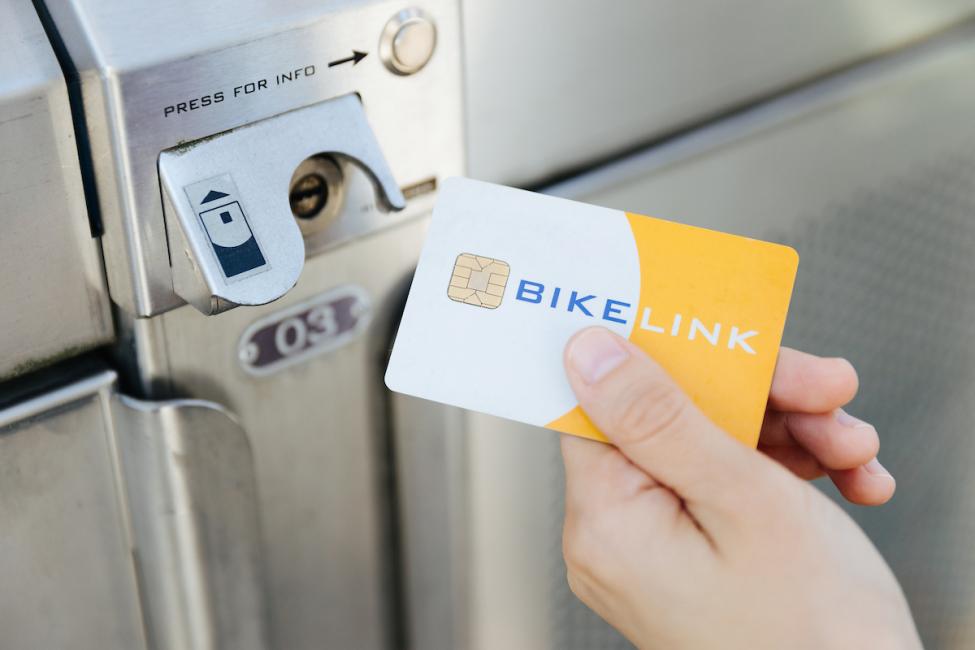 Photo of a BikeLink Card being used to access a bike locker. 