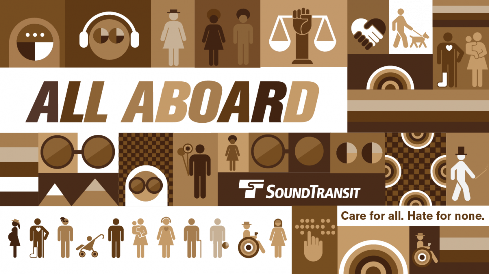 An illustration in tones of brown and black showing all riders accepted on board Sound Transit trains and buses.