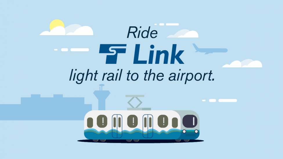 An illustration of a 1 Line train headed to SeaTac International Airport with the Seattle skyline in the background