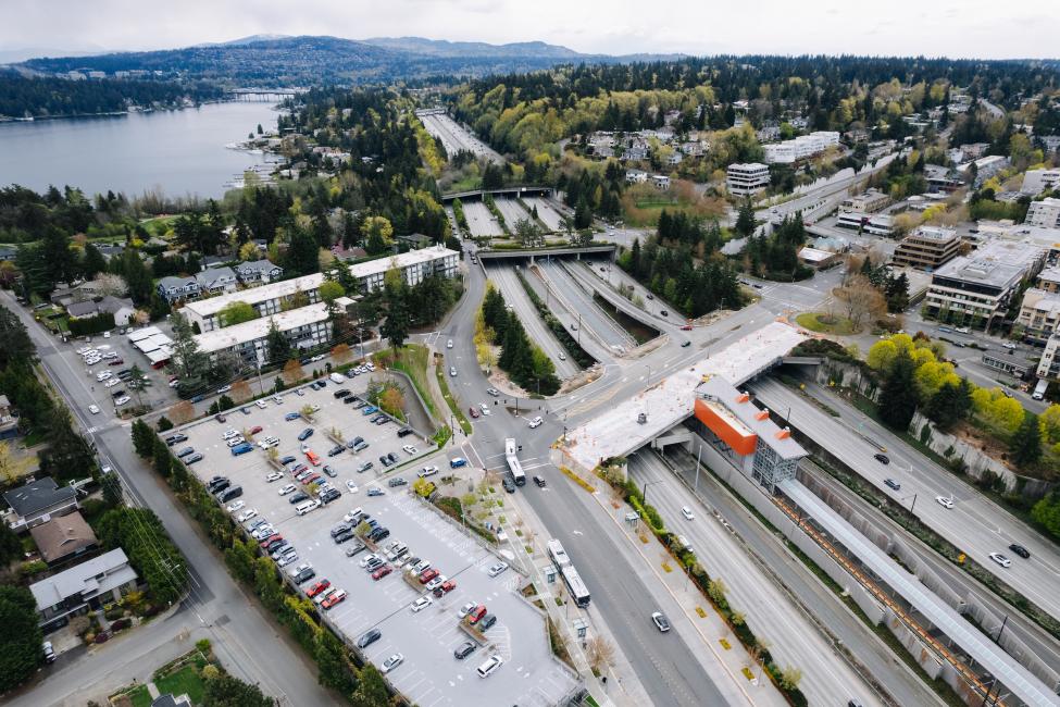 An aerial shot of Mercer Island Station, with I-90 visible and Lake Washington in the background.