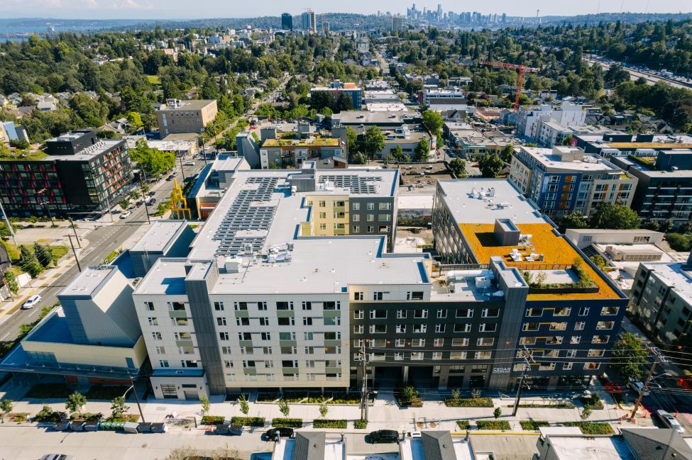 Photo of Green roof and solar panels at Cedar Crossing Transit-Oriented Development