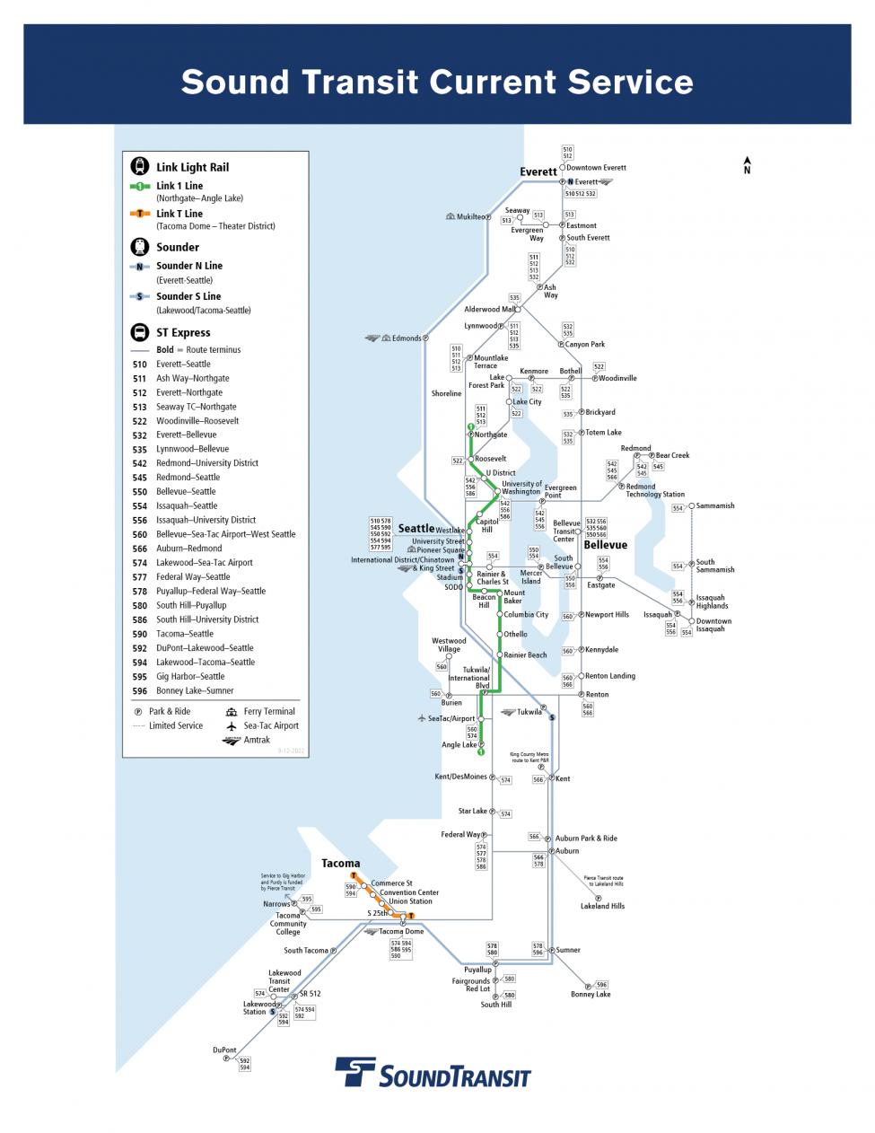 A map of Sound Transit's current service.