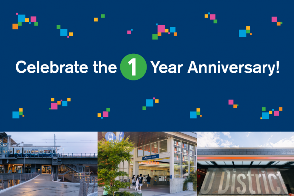 Photos of U District, Roosevelt and Northgate Stations with confetti and text reading 'Celebrate the 1 year anniversary!'