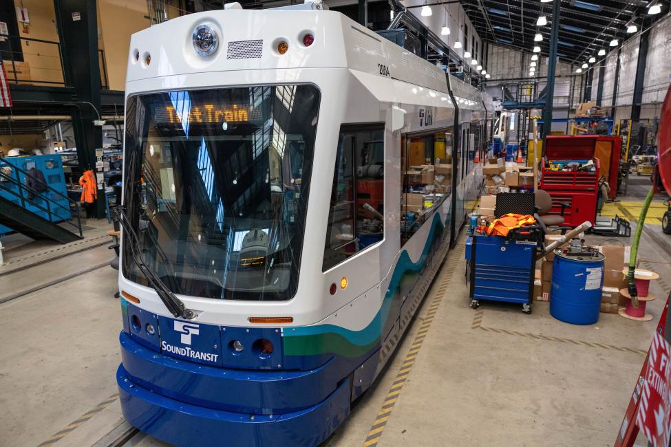 A Tacoma Link vehicle. The headsign reads 'test train.'