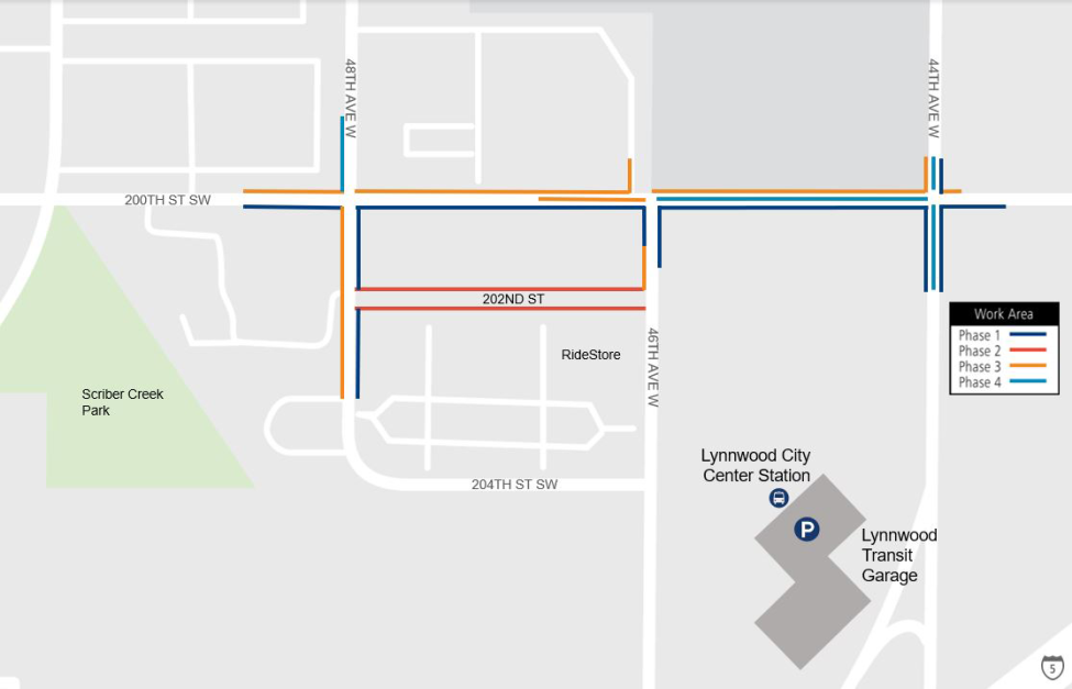 A map showing the four work areas as part of the 200th Street project.