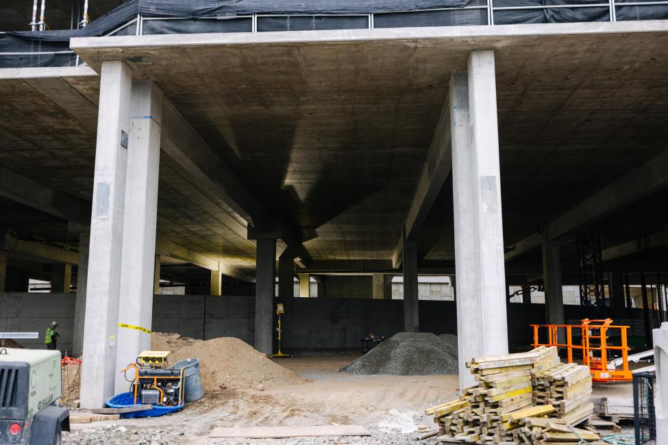 The first floor of the parking garage under construction. 