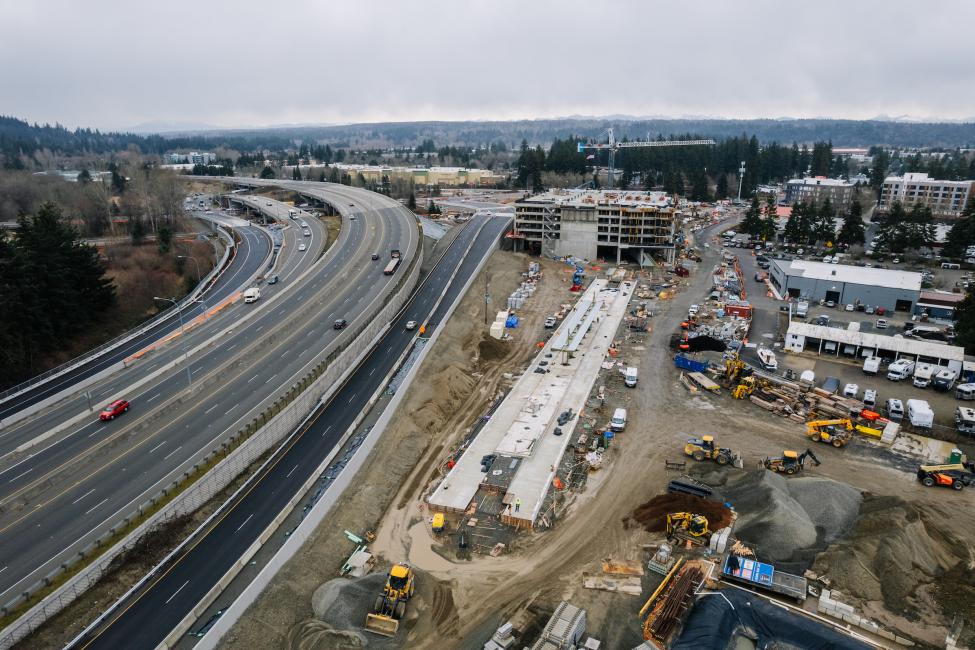 A drone shot of a construction site in Redmond for the future Marymoor Village Station.