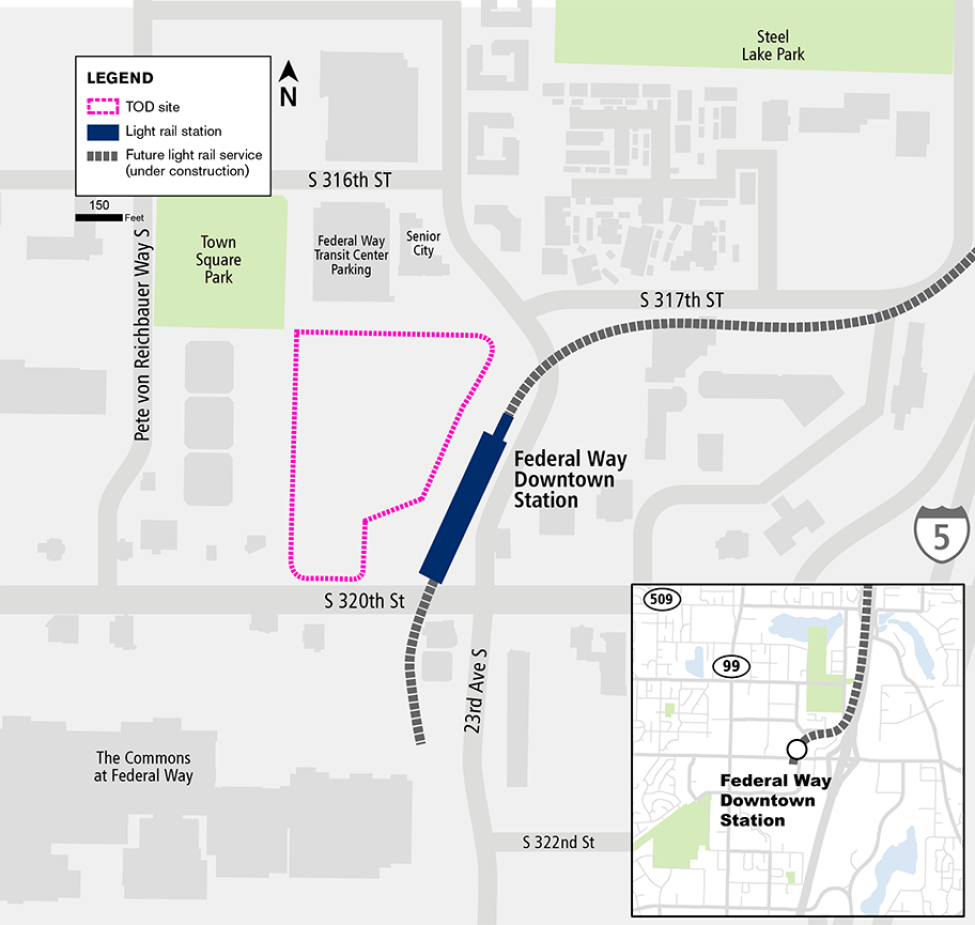 A map illustrating the location of the Federal Way Downtown Station transit-oriented development.