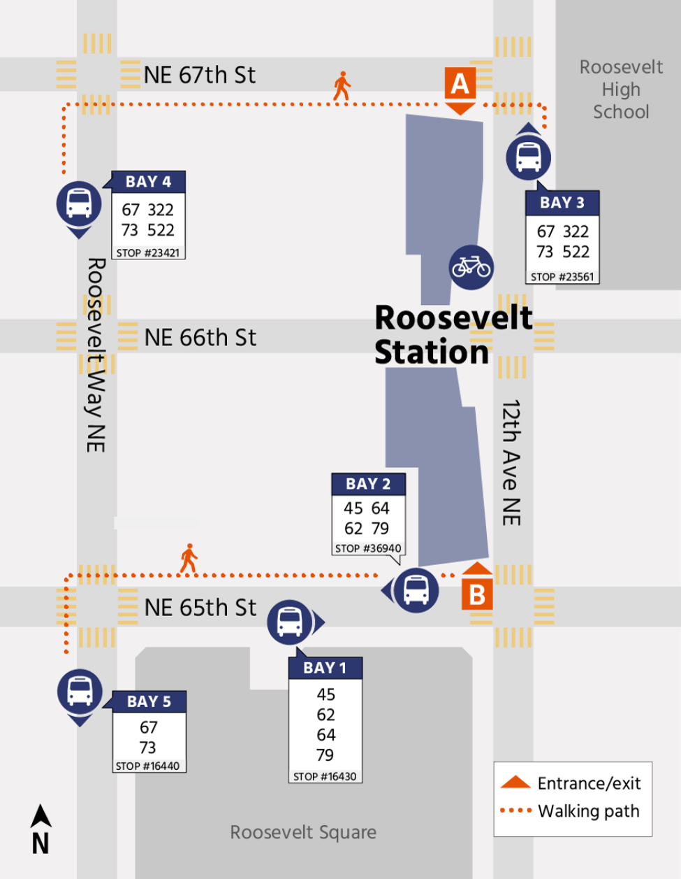 Map illustrating walking path for transfer from bus to link at the Roosevelt Station.