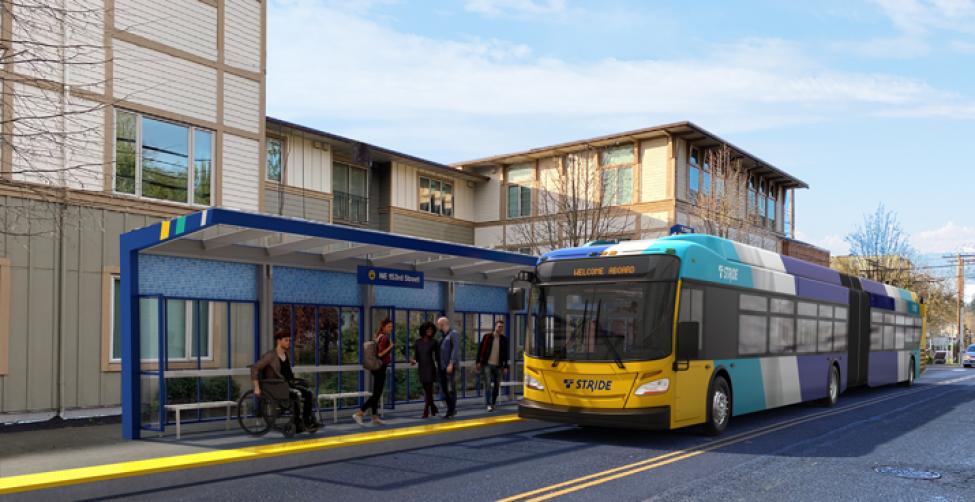 Rendering of a stride S3 bus at a station with people waiting