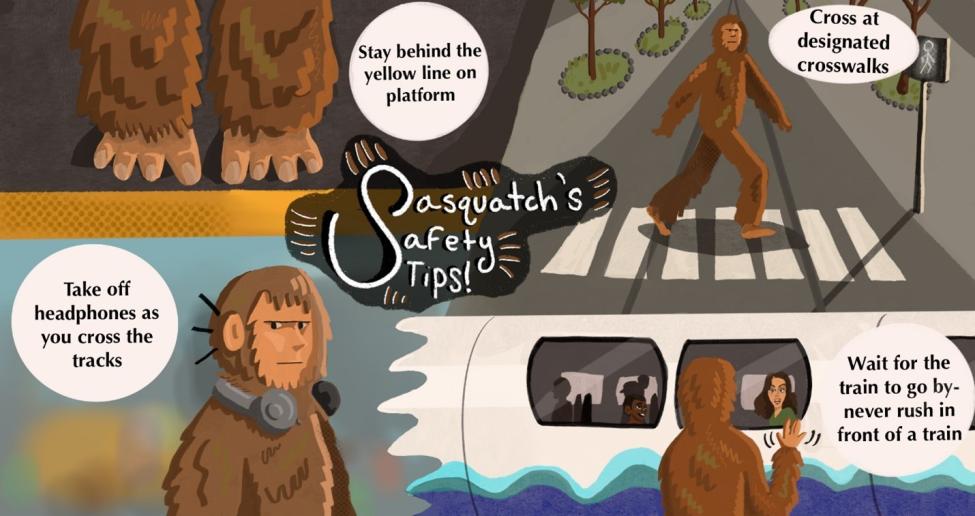 A cartoon of Sasquatch with train safety tips