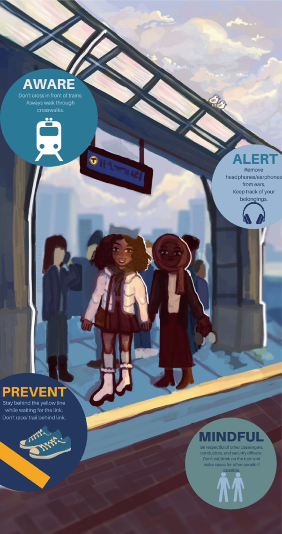 An art piece showing two people on a train platform with safety tips in text bubbles