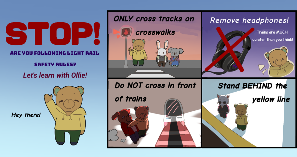 A comic featuring a bear and train safety tips