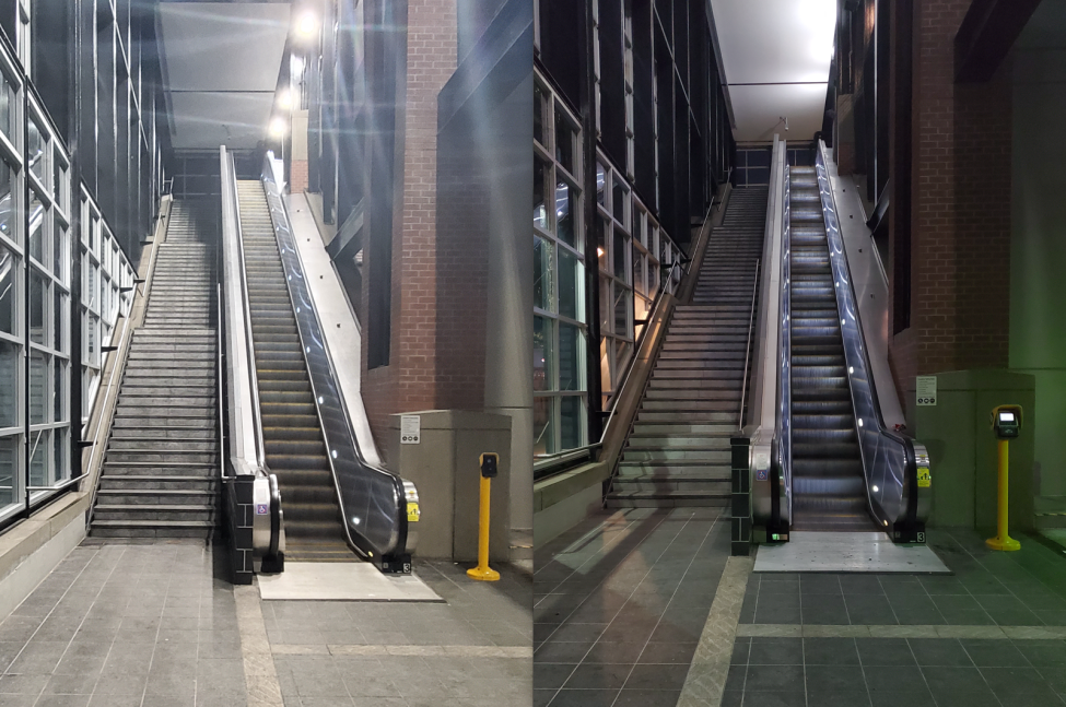 A before and after of the improved LED lighting in an escalator bay at Mt. Baker Station 