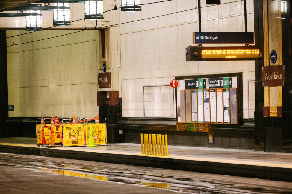 Yellow barricades on the platform at Westlake Station