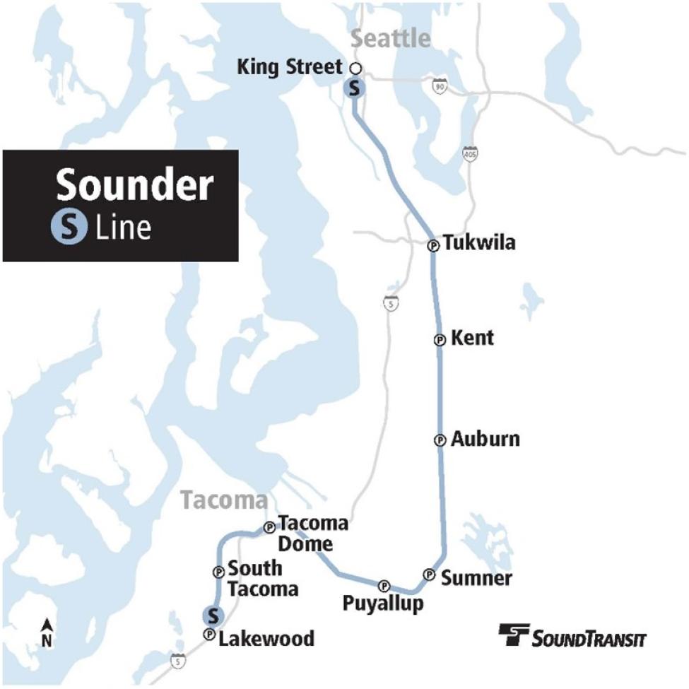 Map of the Sounder South S Line, which travels between Lakewood and Seattle with regular weekday service and special event trains.