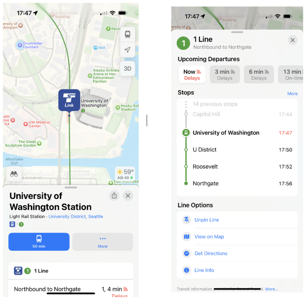 A screen shot of a University of Washington Station area map, with an alert showing delays on the 1 Line
