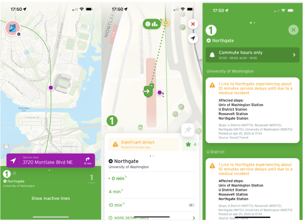 A screen shot of a University of Washington Station area map, with an alert showing delays on the 1 Line