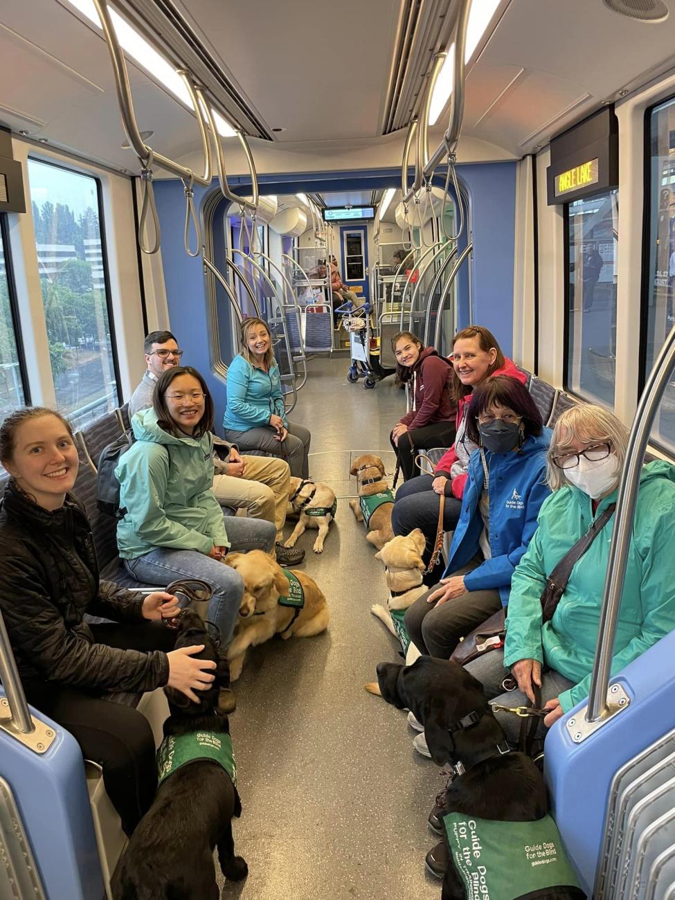 A group of puppy raisers sits on Link with their dogs