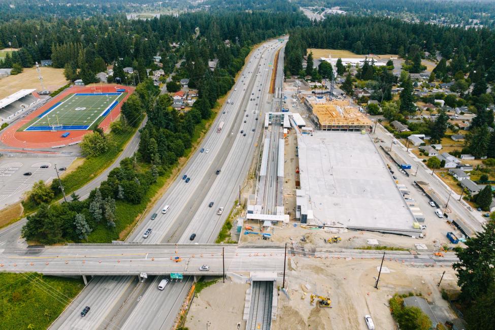 A drone shot of the station, with I-5 on the left