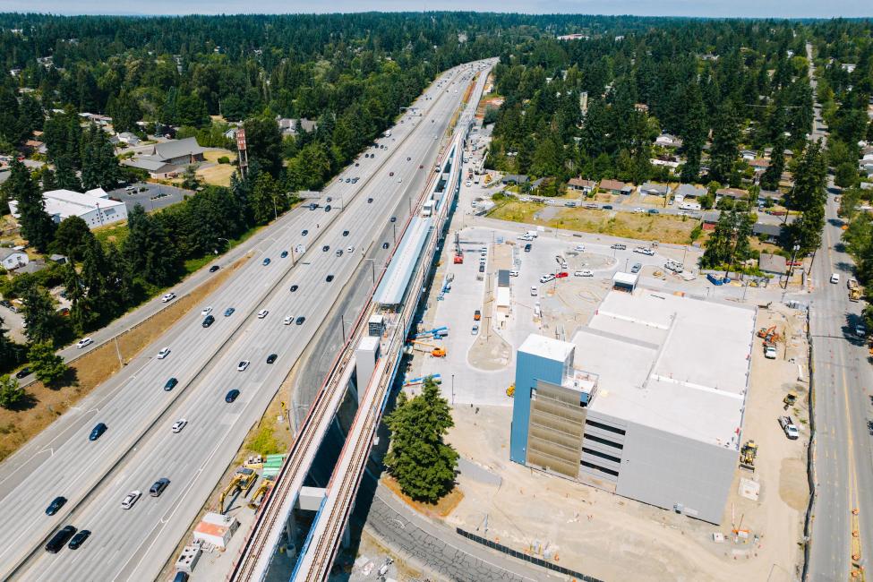 An aerial shot of the station, with I-5 on the left