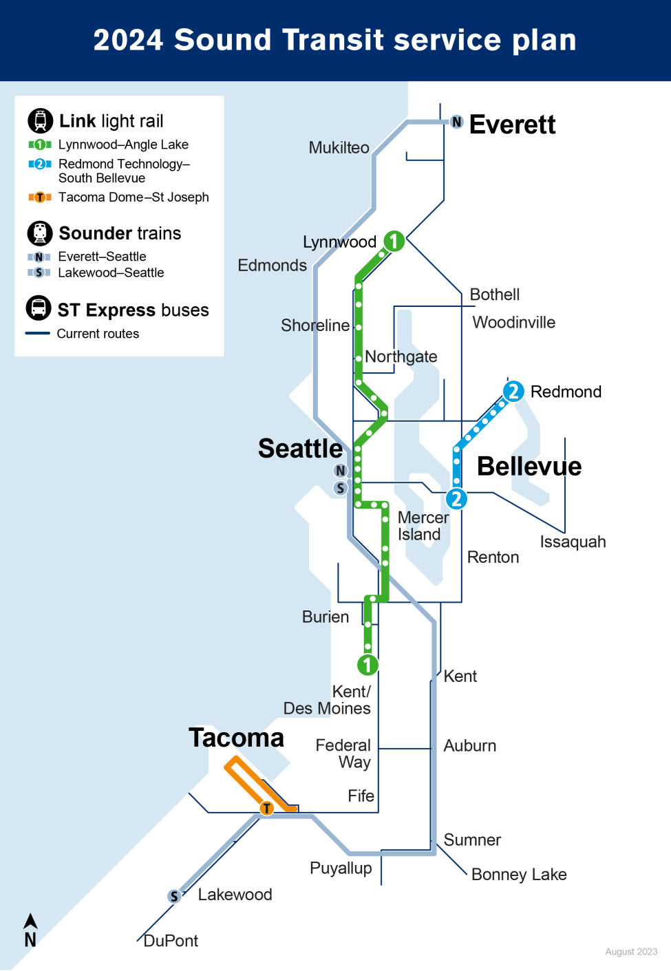 This map illustrates Sound Transit service in 2024, including the 2 Line between South Bellevue and Redmond Technology (targeting spring opening), and the 1 Line extension from Northgate to Lynnwood (targeting fall).  