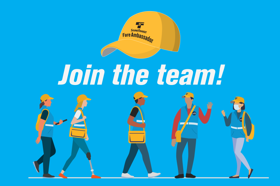 A graphic with a yellow hat and team of fare ambassadors. Text reads "Join the team!"
