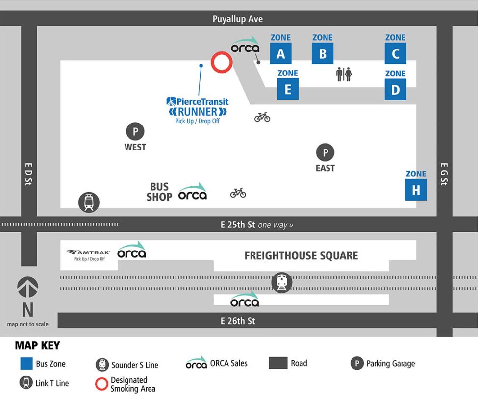 A map shows the different zones for buses at Tacoma Dome Station, as well as the location of Freighthouse Square