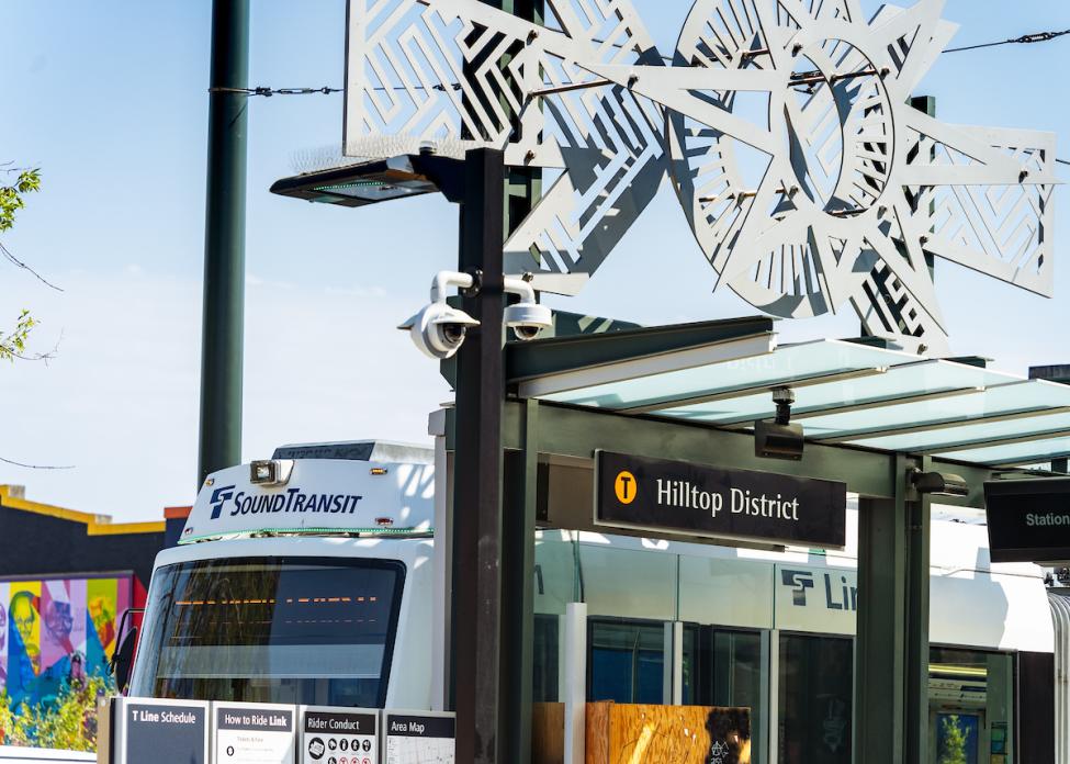 A metal art piece on top of the new Hilltop station