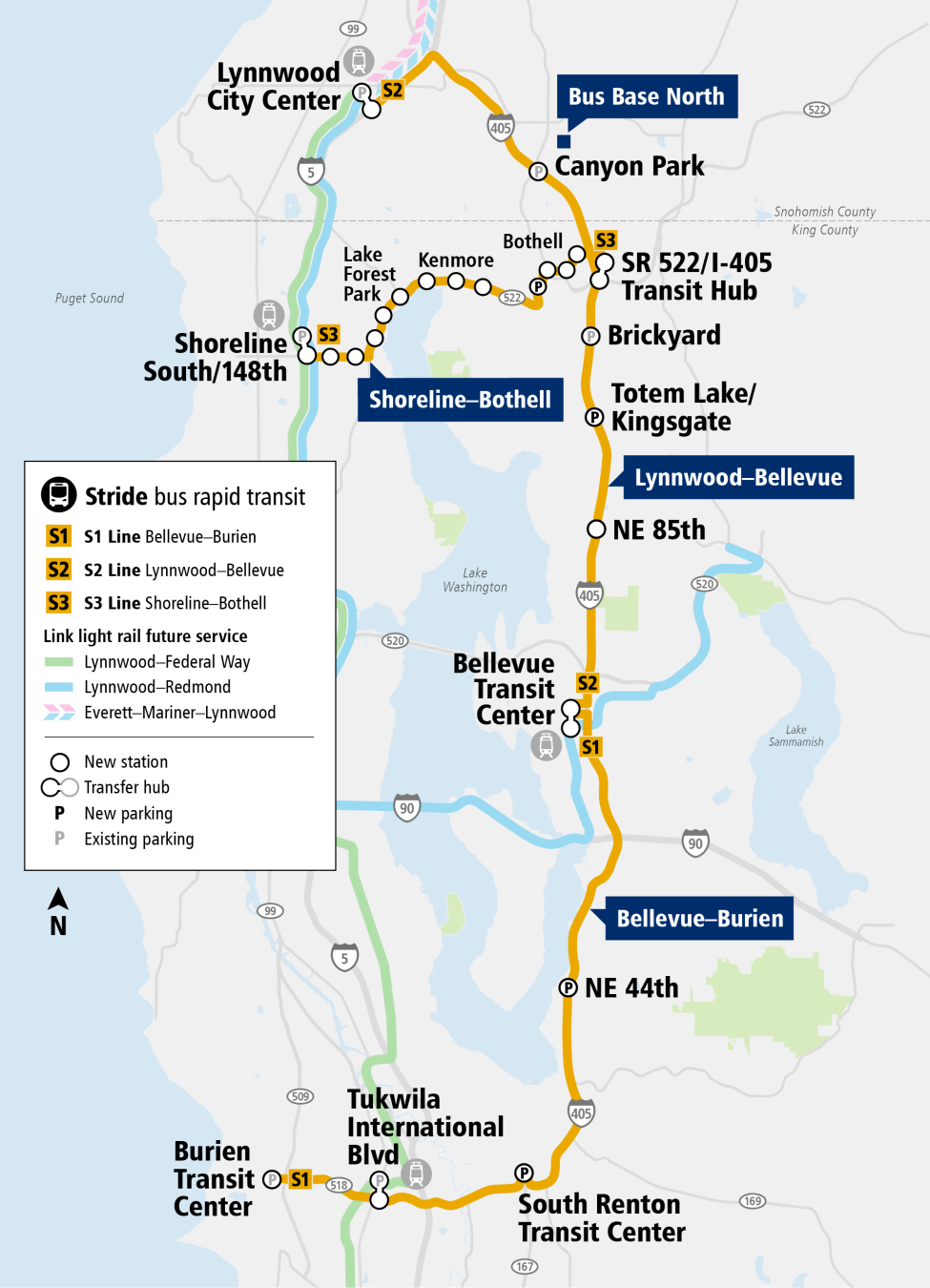 A map shows the S1 line from Burien to Bellevue, S2 line from Bellevue to Lynnwood and S3 line from Shoreline to Bothell.