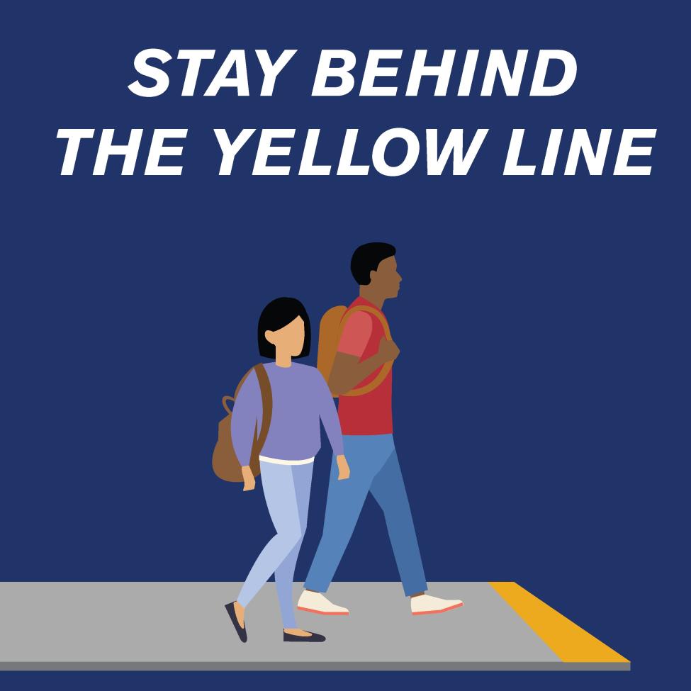 A graphic of two passengers standing behind a yellow line