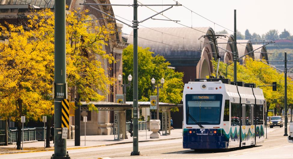 A T Line train traveling through Tacoma.