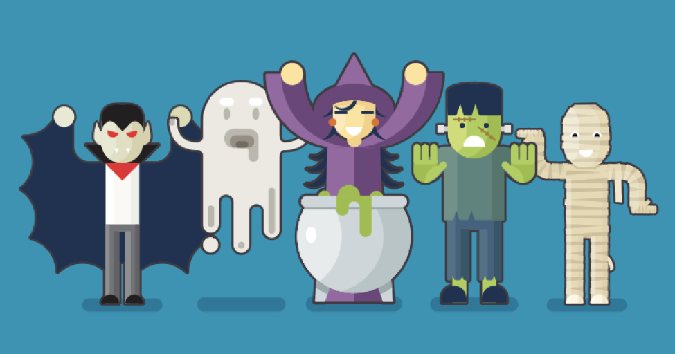 Cartoon characters of a vampire, ghost, witch, mummy and Frankenstein's monster