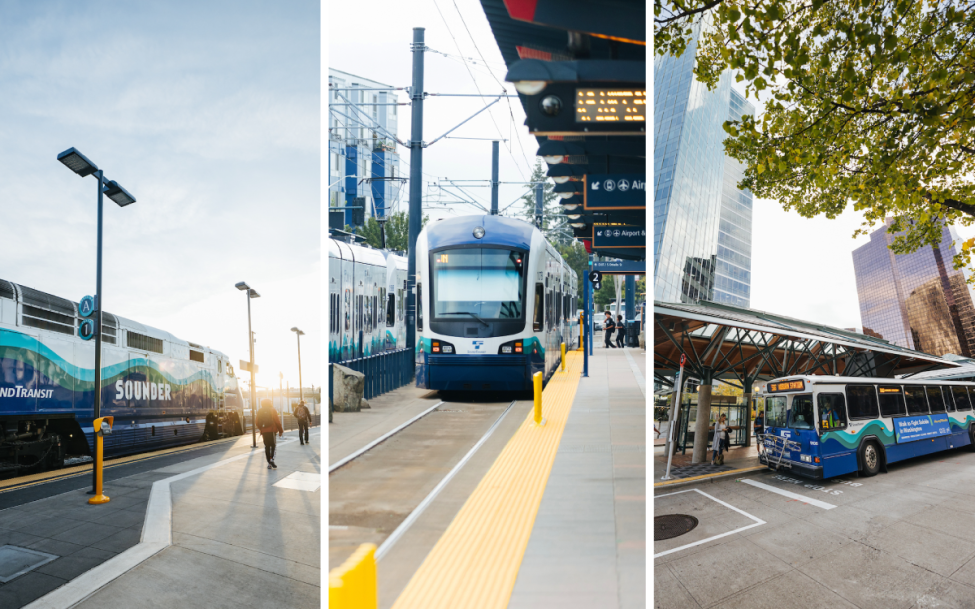 Three photos: A Sounder train, Link light rail 1 Line and ST Express bus.