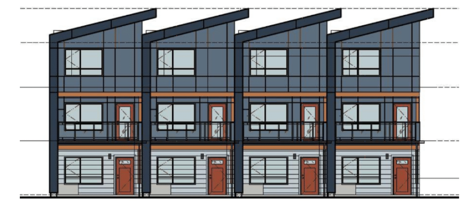 A rendering of four townhomes