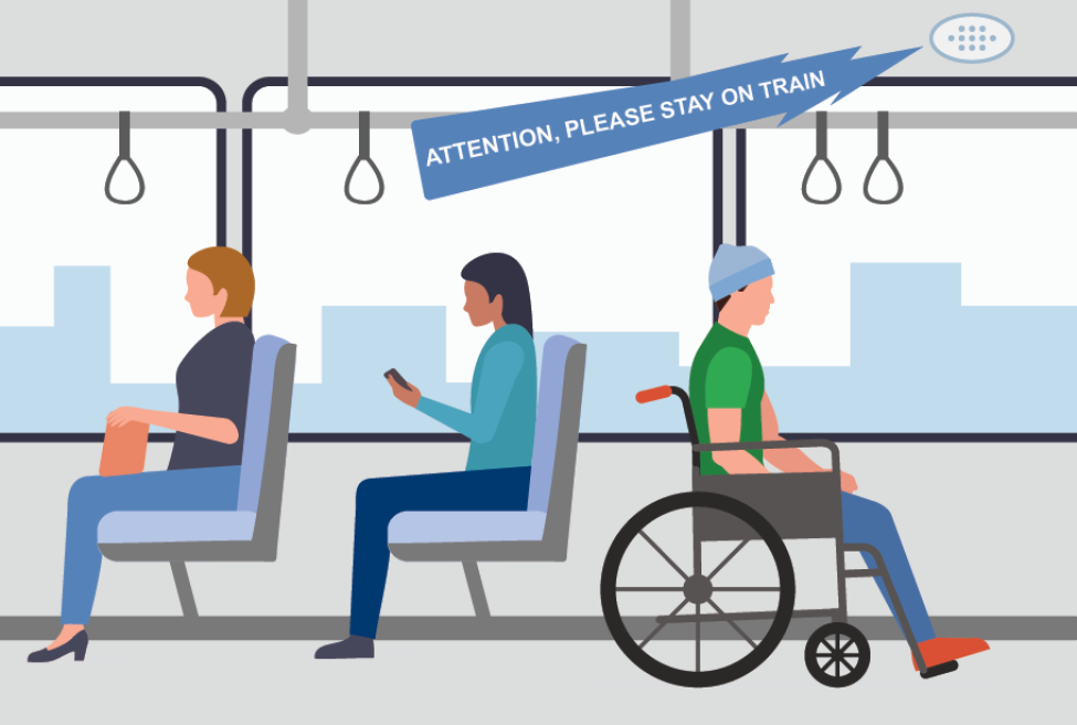 Illustration showing the words "Attention, please stay on train" from a light rail train's speaker system.