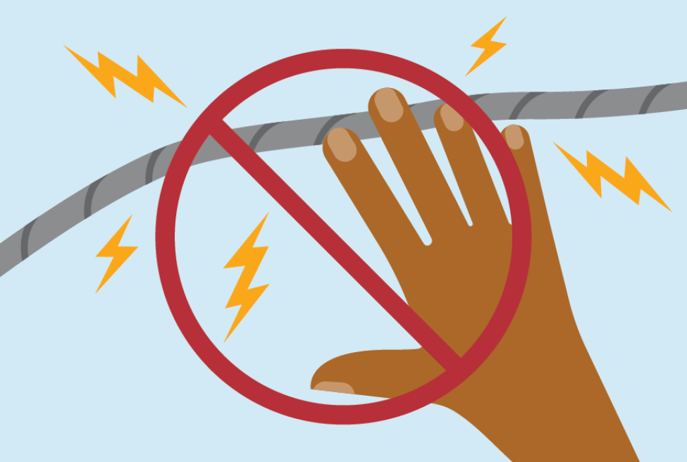 Illustration asking passengers not to touch any downed wires or metallic objects.